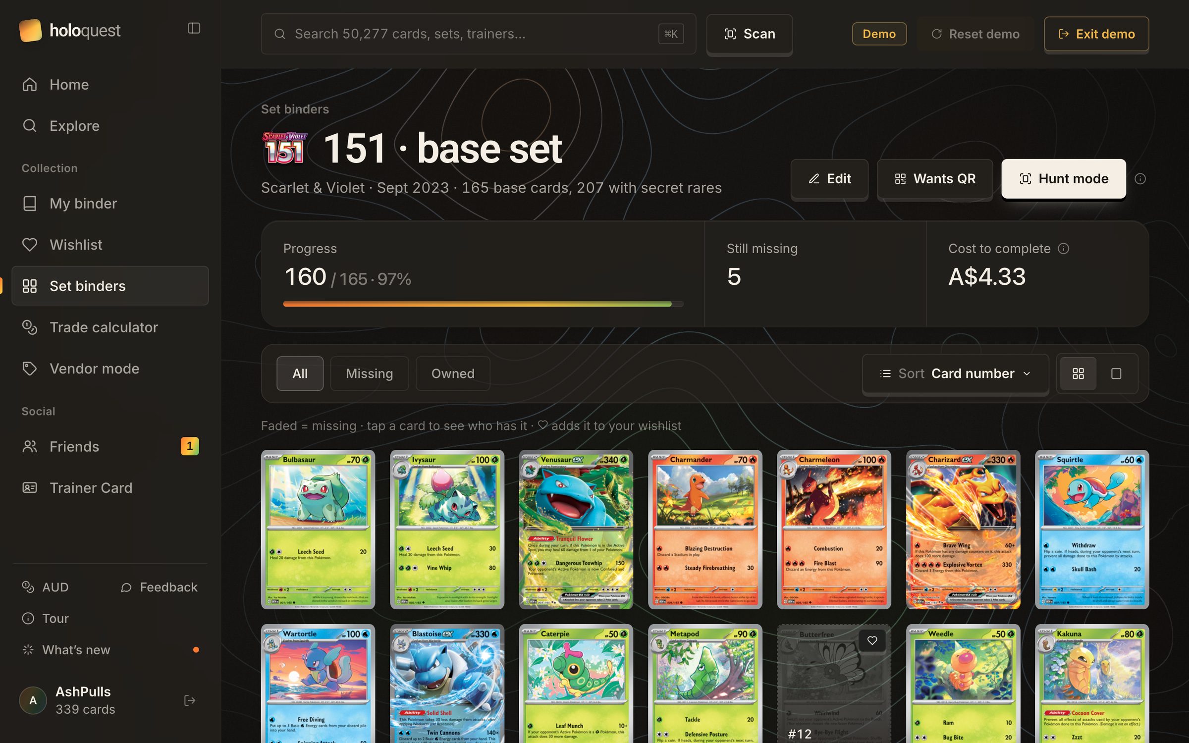 The 151 set binder: 160 of 165, five missing, A$4.33 to complete, with a grid of owned cards and faded gaps