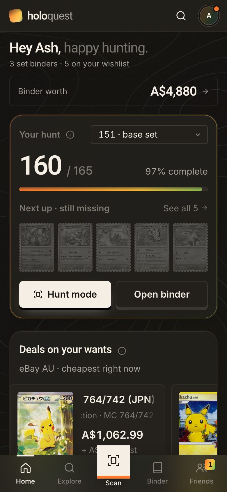 HoloQuest mobile home with the hunt card, binder worth and the Scan button in the tab bar