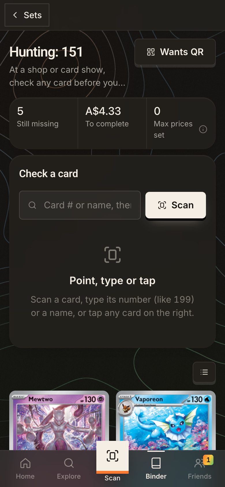 HoloQuest mobile Hunt mode for the 151 set: five missing, A$4.33 to complete, and a 'Check a card' scanner