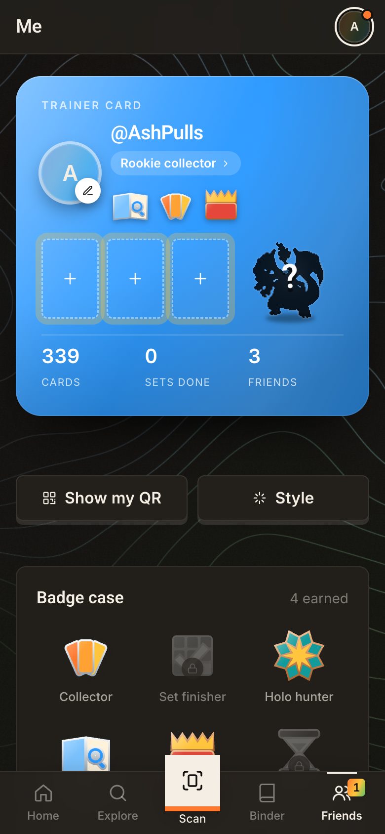 HoloQuest mobile Trainer Card with badges and the badge case