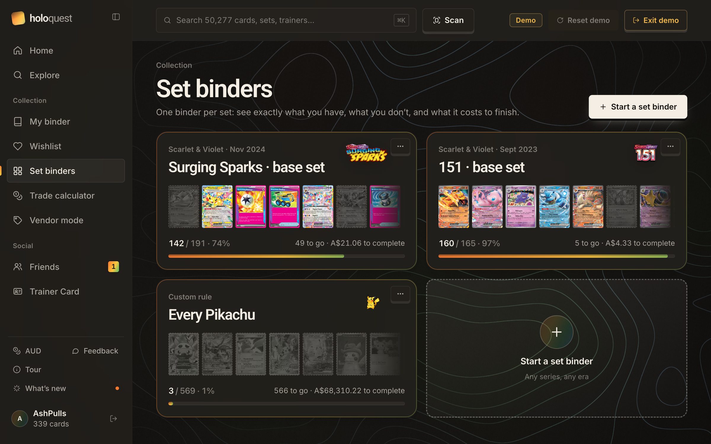 Set binders: Surging Sparks at 74%, 151 at 97% with A$4.33 to complete, and a custom 'Every Pikachu' binder