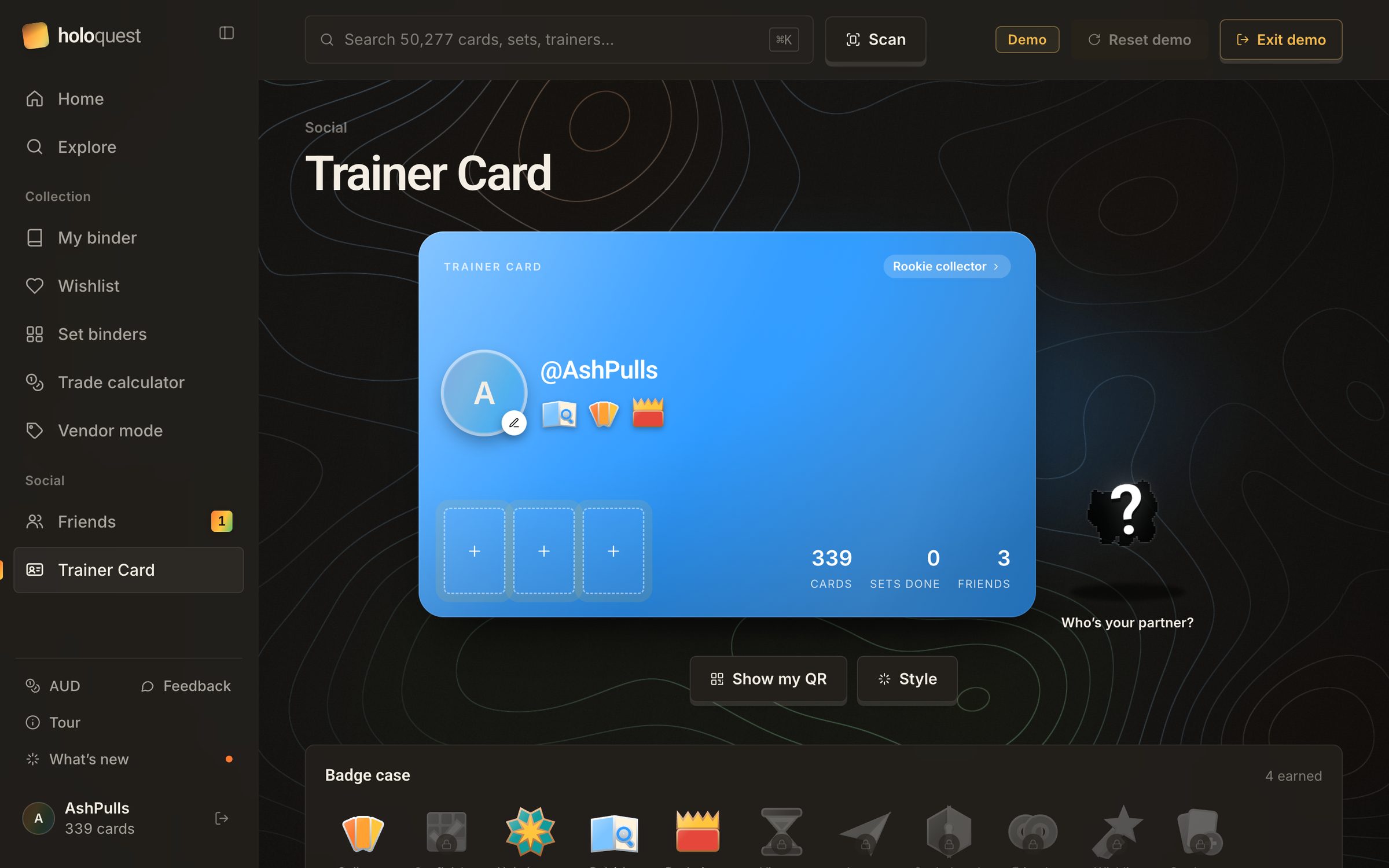 Trainer Card for @AshPulls: Rookie collector, 339 cards, three friends, a mystery partner silhouette and the badge case below