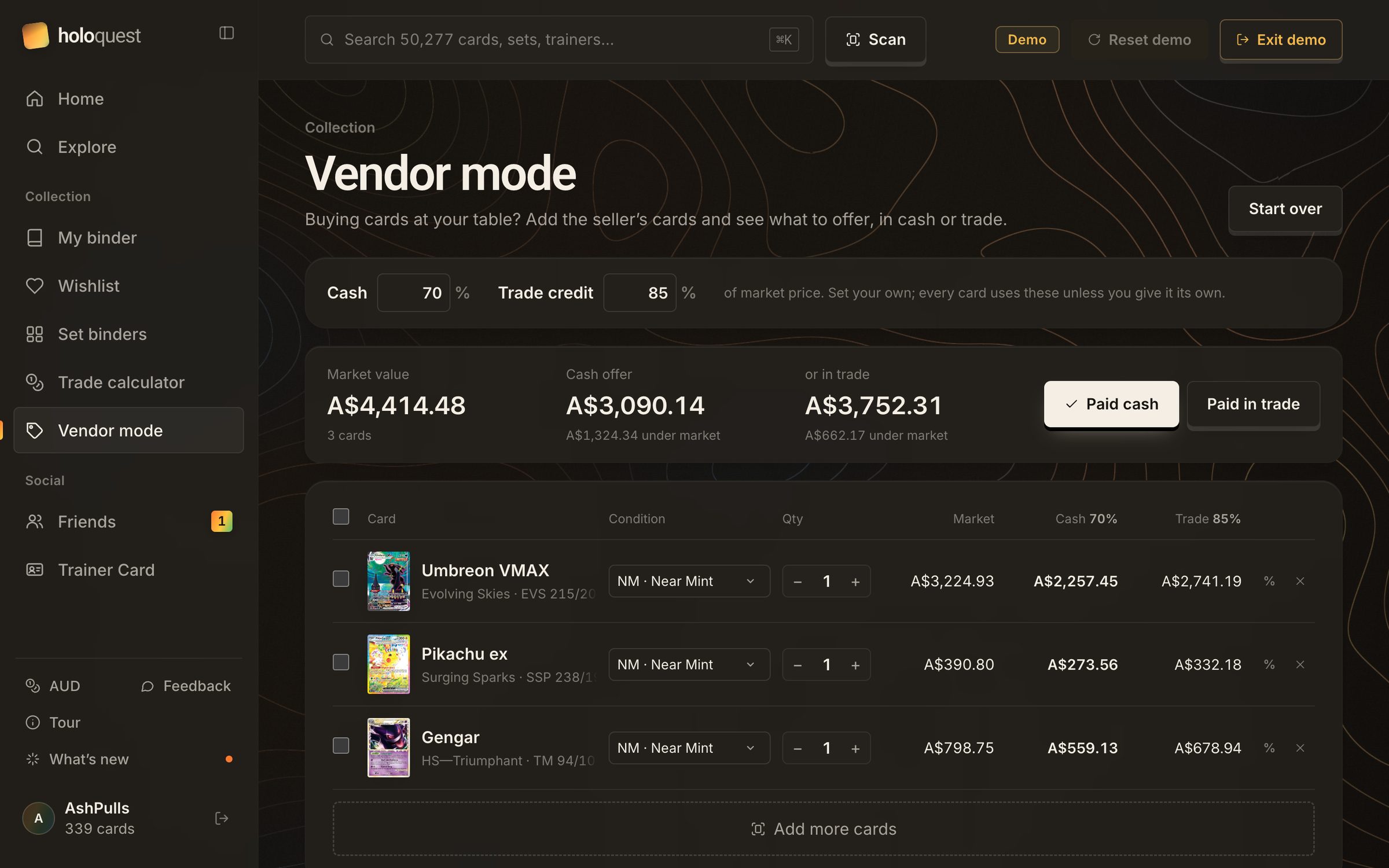 Vendor mode: three cards worth A$4,414.48 at market, a cash offer of A$3,090.14 at 70% and a trade offer of A$3,752.31 at 85%, with a row for each card
