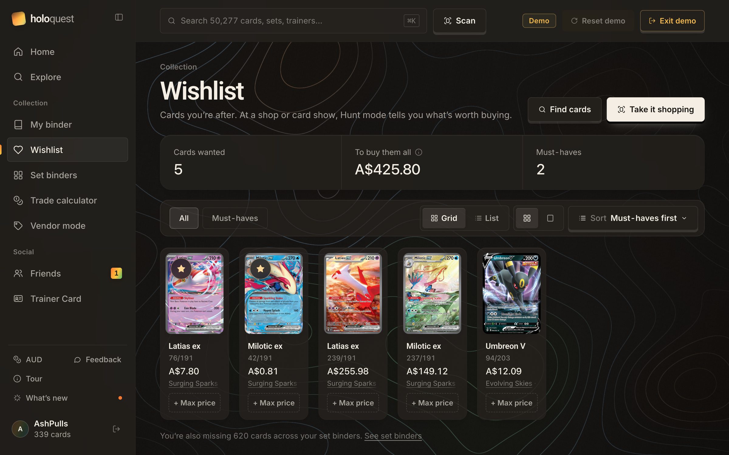 Wishlist: five cards wanted, A$425.80 to buy them all, each with a 'Max price' button