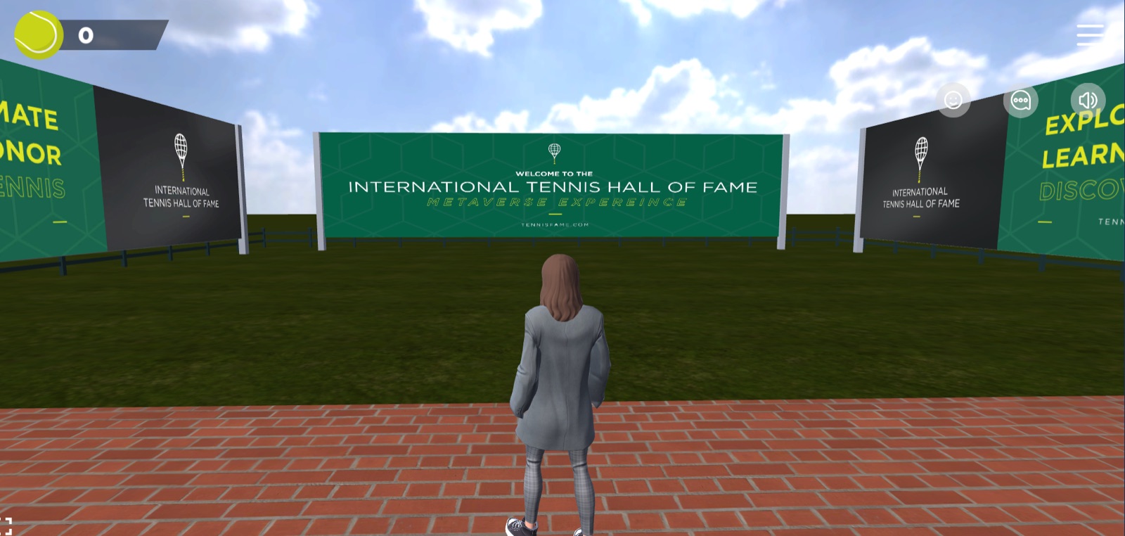 The metaverse spawn point — an avatar facing the welcome wall with the Hall ahead