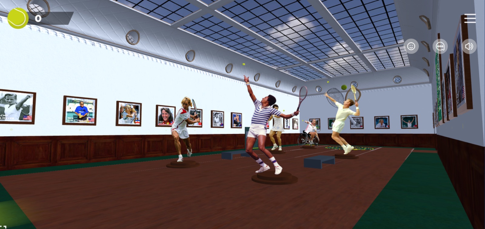 The induction gallery — Hall of Famers rendered as statues mid-swing, portraits lining the walls