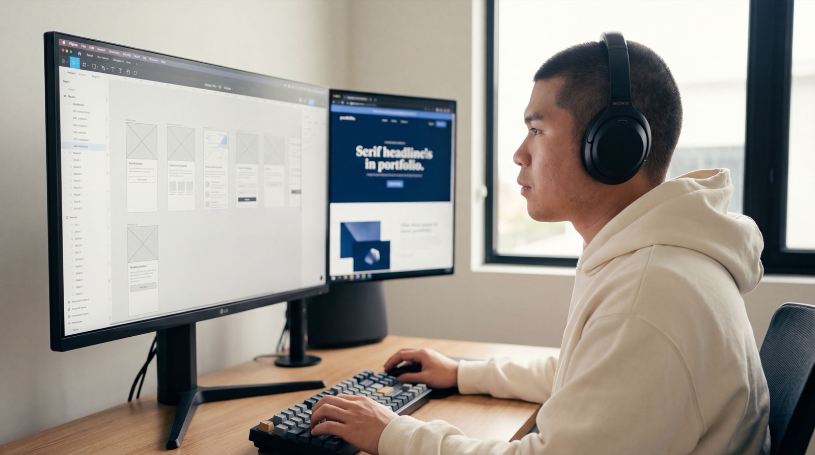Ronaldo at his desk — wireframes in Figma, portfolio on the second screen