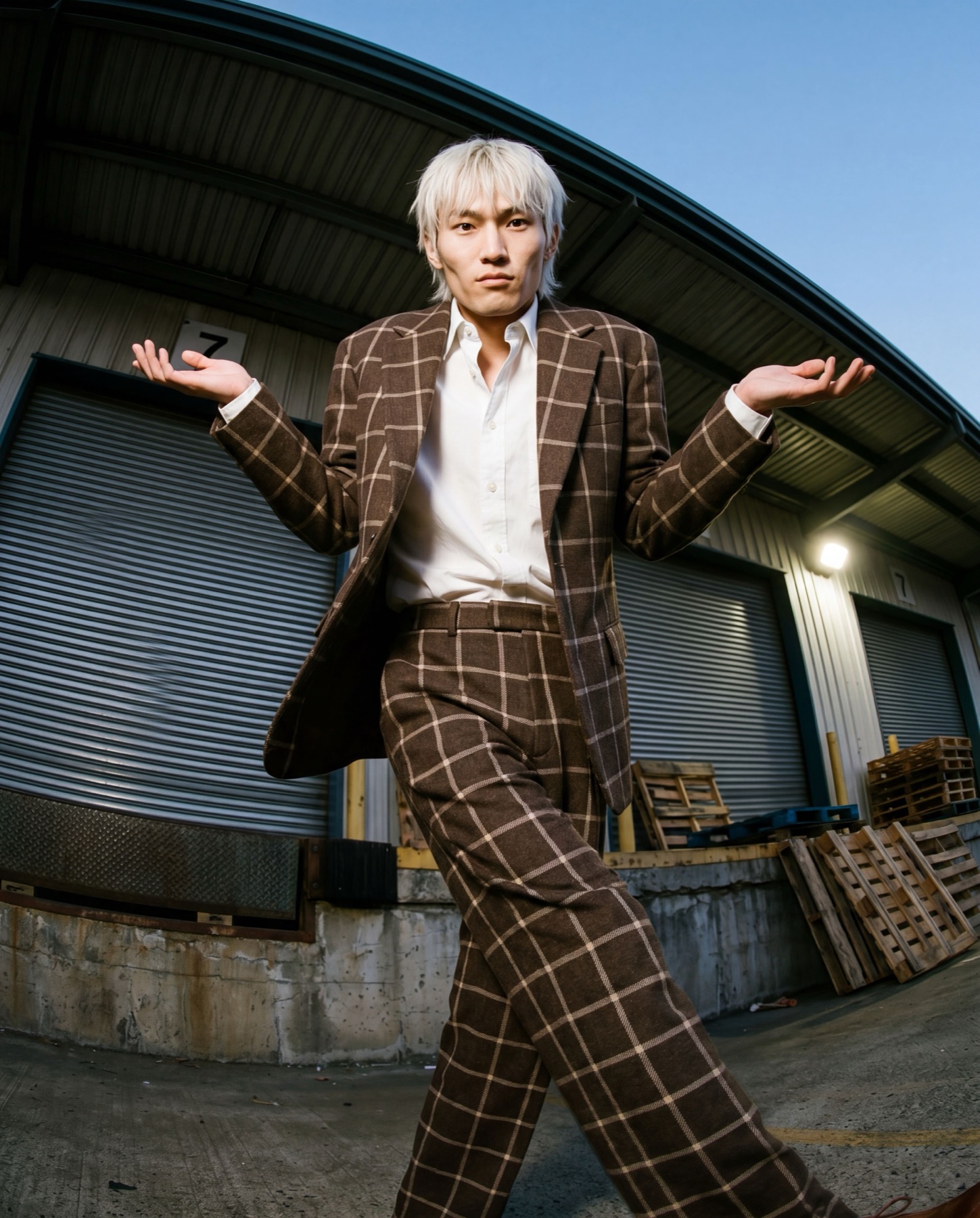 Editorial look — thrust gesture
