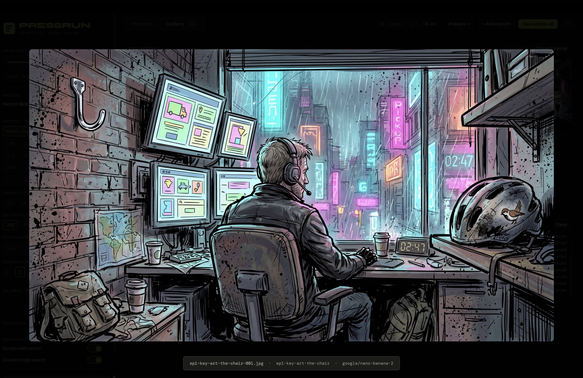A PRESSRUN-generated cyberpunk ink illustration — a courier at a desk of monitors, neon city beyond the rain-streaked window