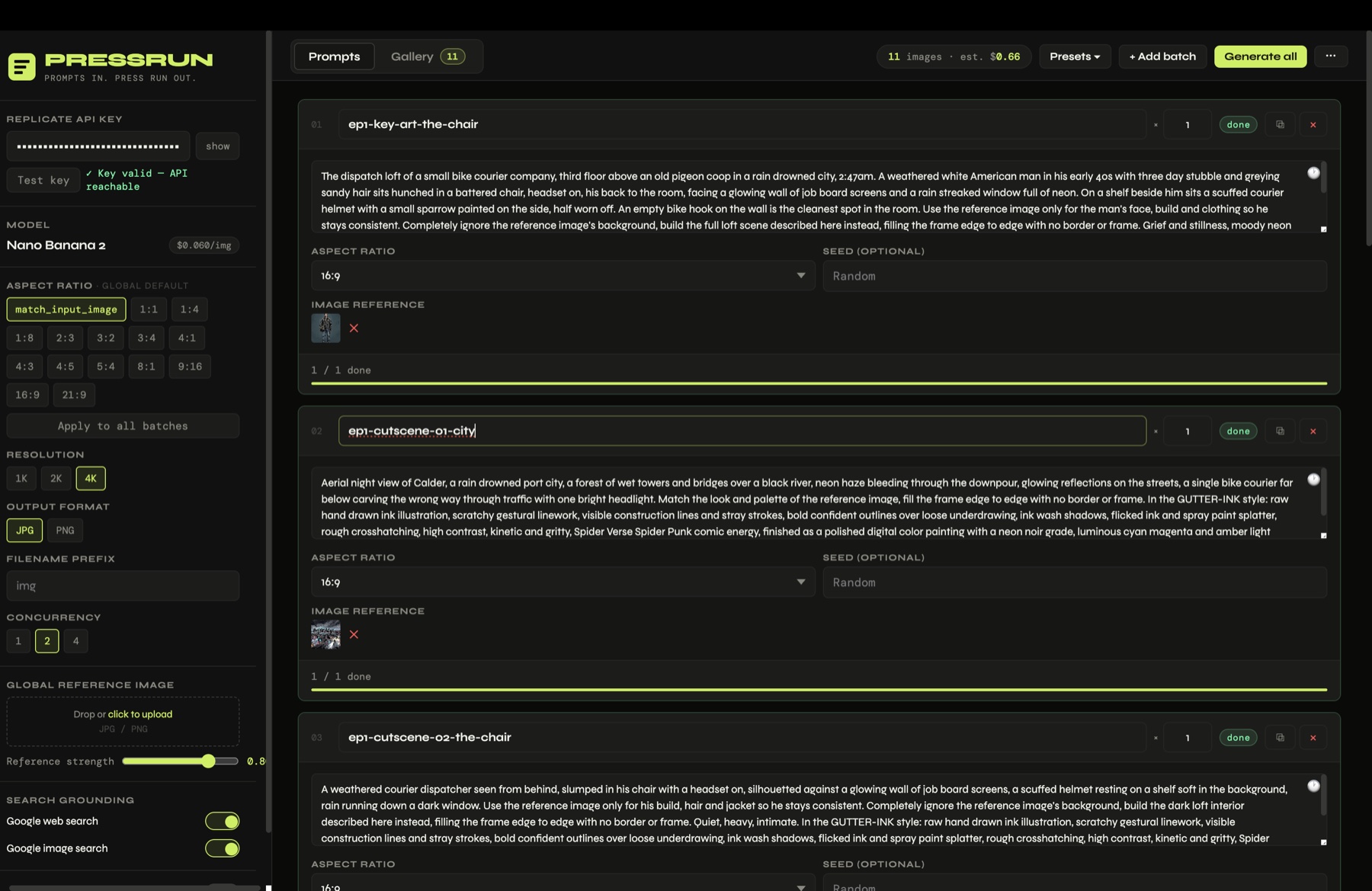 PRESSRUN Prompts view — stacked batch cards, each with a prompt, aspect ratio and reference image