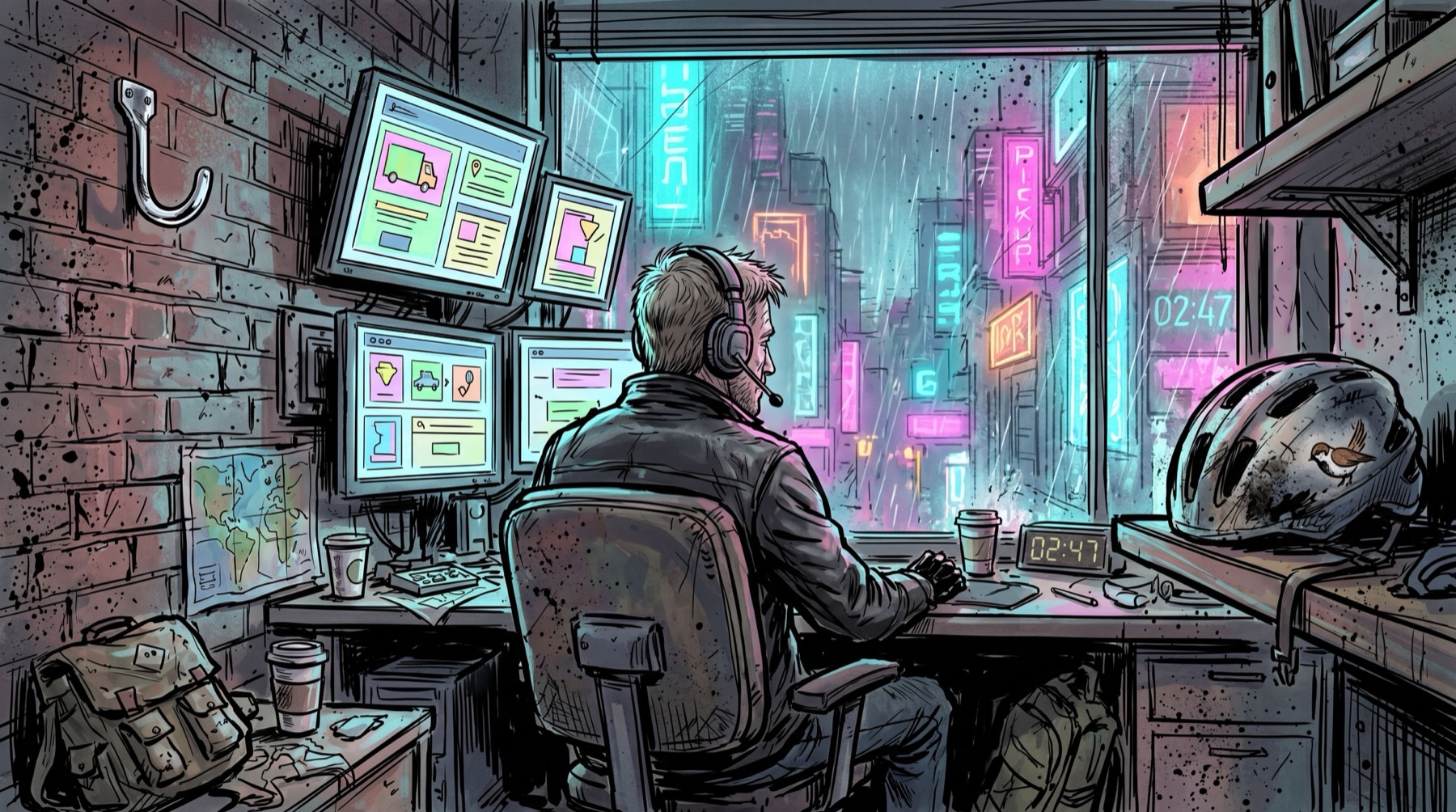 Episode 1 key art — Eli at the dispatch desk, six monitors glowing, neon city through the window