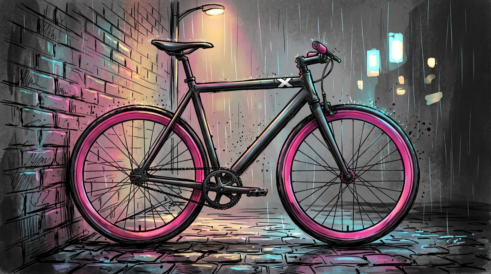 A rider's bike reference plate — black frame, magenta rims, against a wet brick wall