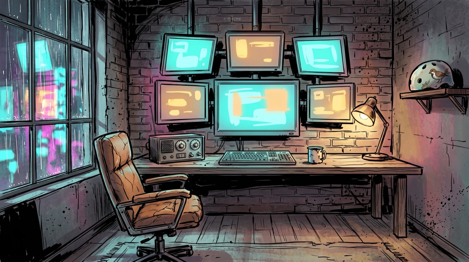 The dispatch office reference plate — six monitors, radio, lamp, helmet on the shelf