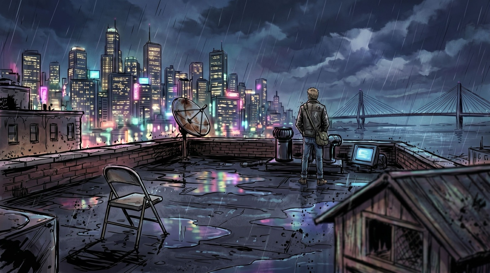 In-game scene — Eli on the rooftop by the pigeon coop, city skyline in the rain