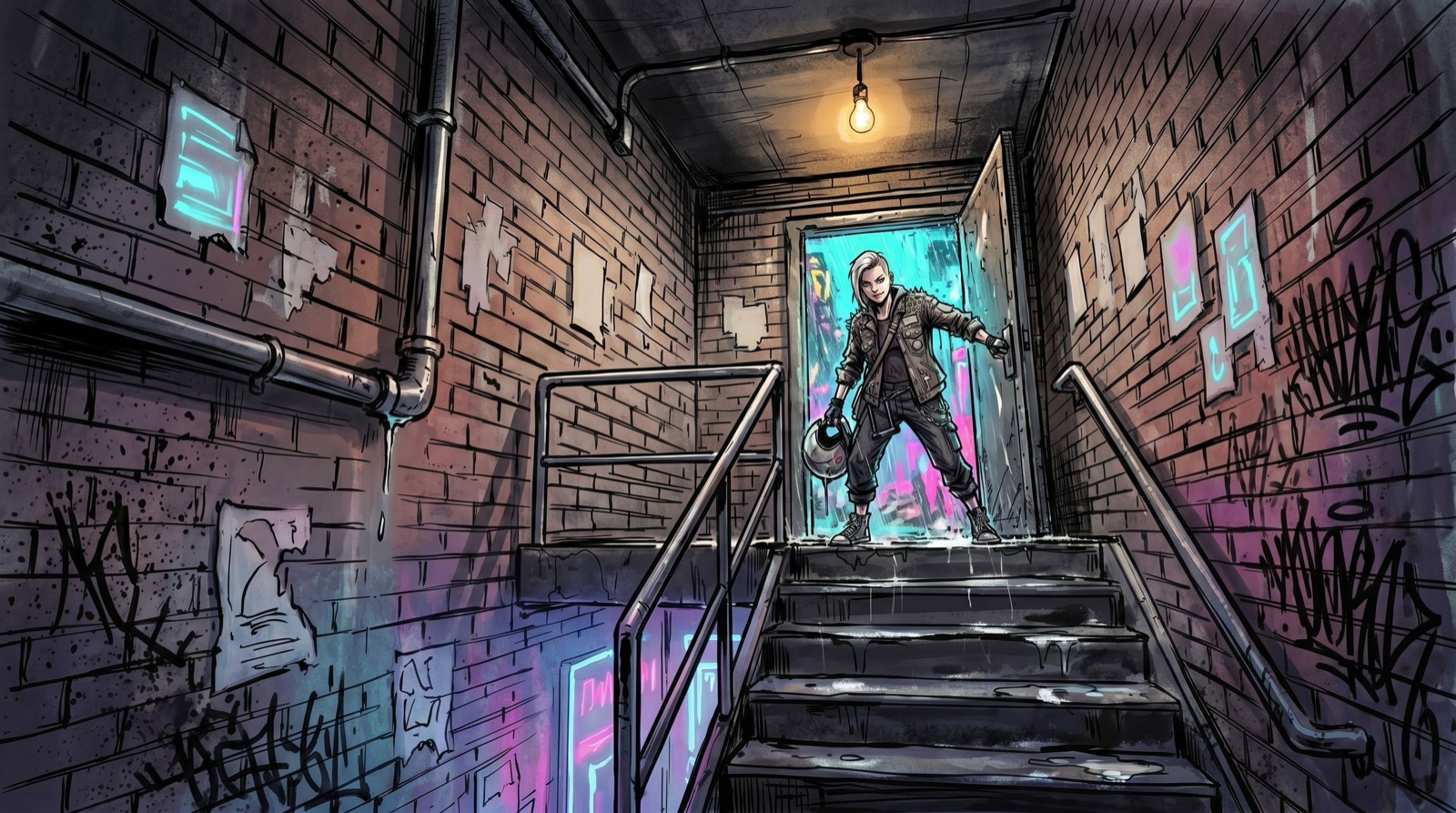 In-game scene — Hawk arriving soaked at the top of the stairwell, helmet in hand