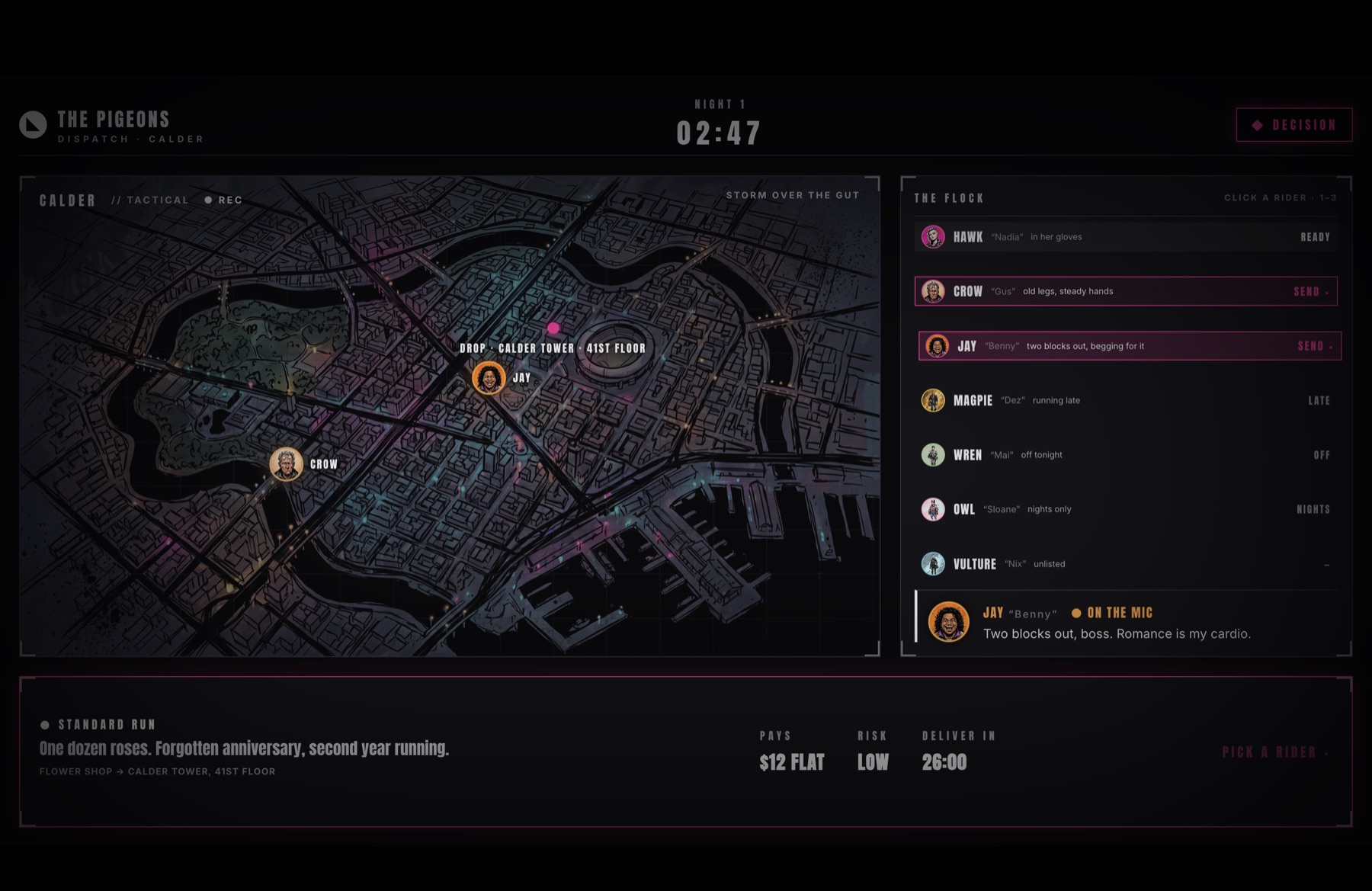 The live dispatch board — the map of Calder, a 02:47 timer, the rider roster, and a flower-run job ticket