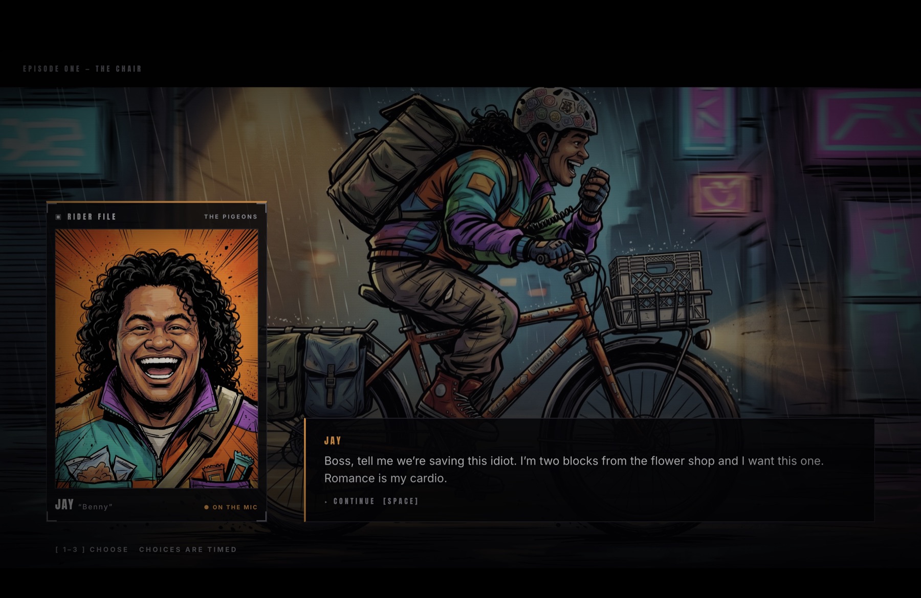 A story beat — rider Jay laughing on his bike in the rain, his rider file card alongside the dialogue bar