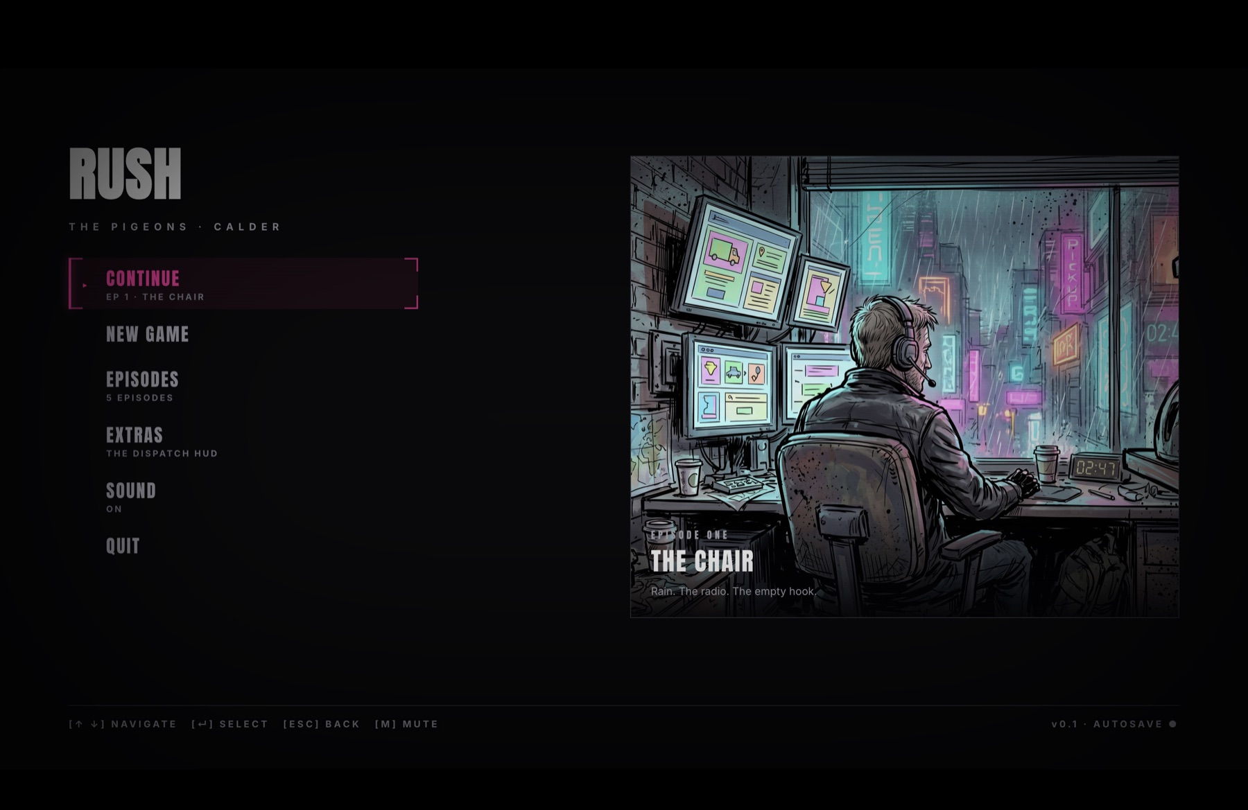 The RUSH title screen — Continue, New Game, Episodes — with the Episode 1 chair art in place